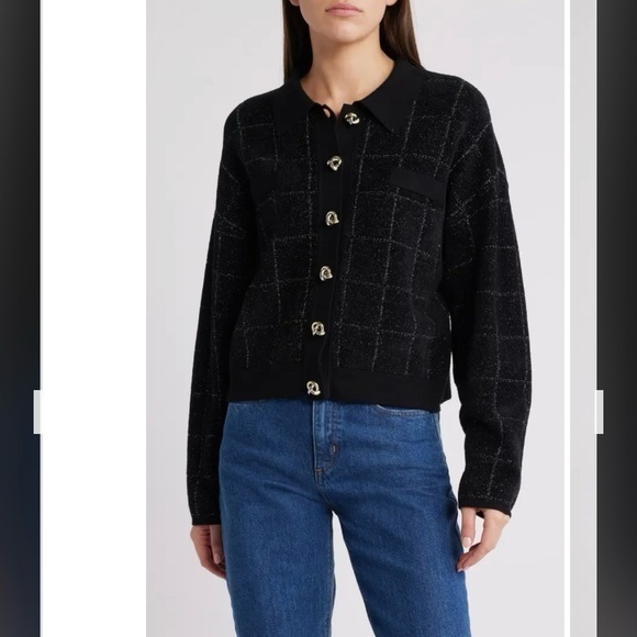 BOSS by Hugo Boss Women’s Sparkle Tweed Cropped Jacket in Black Lurex Plaid Sz L